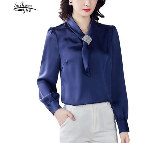 2021 New Satin Blouse for Women Office Lady Long Sleeve Silk Women Shirts with Tie V Neck Plus Size Ladies Tops Clothing 12862