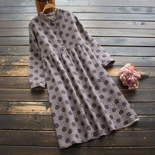 8723 New Spring Women Dresses Japan Style Mori Girl Long Sleeve Stand Collar Polka Dot Print Cotton linen A-line Dress Women