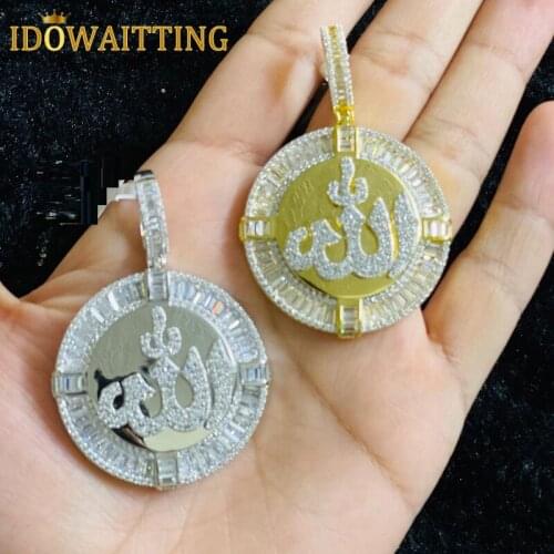 Arabic Initial Letter Rock Jewelry For Women Men Hiphop Iced Out Bling Baguette Cubic Zirconia CZ Coin Allah Pendant Necklace