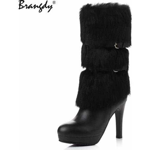 Brangdy 2022 Women Mid Calf Boots Buckle Zipper Women Winter Boots Warm Rabbit Fur Round Toe Thin Heel Height Shoes Size 34-39