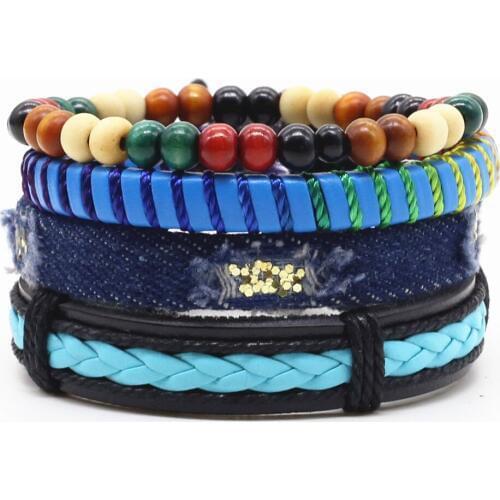 New Fashion Weave Punk Vintage Cuff Beads Evil Eye Charm Male Mens Blue Leather Women Bracelets Men Female Jewelry Accessories