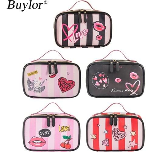 Buylor Women Cosmetic Bag PU Leather Love Heart Handbag Portable Travel Storage Organize Wash Bag Makeup Case