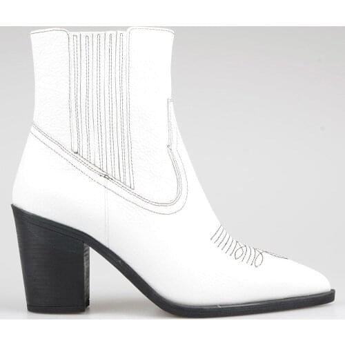 FootCourt- White Genuine Western Cowboy Ankle Boots For Women Black Sewing New Winter Boots Pointed Toe Cowgirl Motorcycle Boots