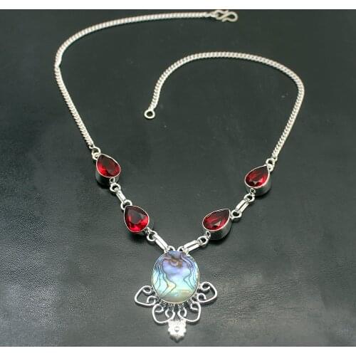 Hermosa Gorgeous Natural Abalone Shell Red Garnet Silver Color Chain Charms Necklace For Women 18 Inch A127