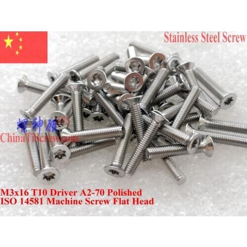 ISO 14581 Stainless Steel screws M3x16 Torx T10 Driver Flat Head A2-70 Polished ROHS 100 pcs
