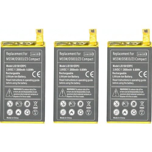 ITopZea 3pcs/lot 2600mAh / 9.88Wh LIS1561ERPC Replacement Li-Polymer Battery For Z 3 Z3c Z3 Mini Compact M55W D5833 D5803 SO-02G