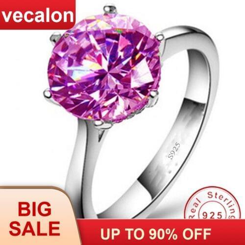 Vecalon Fine Jewelry 925 Sterling Silver solitaire ring 5A Pink Zircon Cz Engagement wedding Band rings for women Bridal Gift