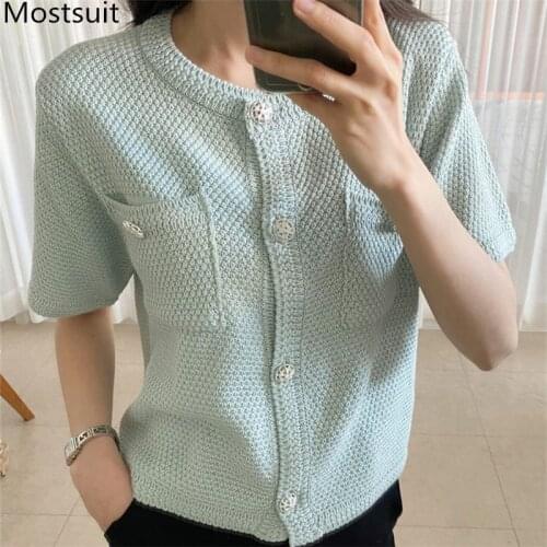 Korean Knitted Cardigan Tops Women Summer Short Sleeve O-neck Single Breasted Pockets Knitwear Sweater Elegant Ladies Jumpers