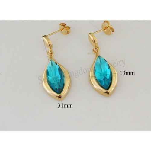 MIN ORDER 10$ CAN MIX DESIGN /CUTE STUD TALL 1.22" WATER DROP BLUE ZIRCON STONE HIGH SHINNING EARRING - YELLOW GOLD COLOR