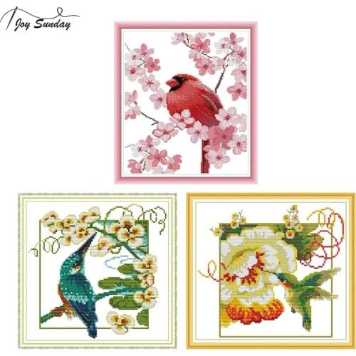 Joy Sunday Stamped Cross Stitch Kits Red Bird Patterns Aida Canvas DIY Hand Needlework Embroidery Kit DMC Cross Stitching Thread