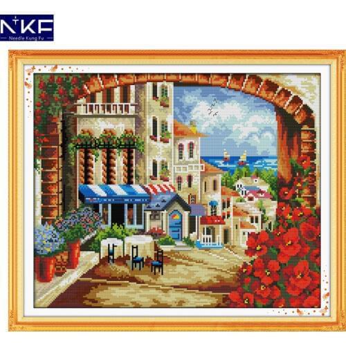 NKF Mediterranean Path Pattern Counted Cross Stitch Set Needlework Embroidery Kit Scenery Design Cross Stitching Home Decoration