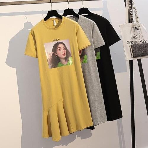 Summer womens large size cotton loose Dresses short-sleeved round neck short figure printing irregular lotus leaf trend dress