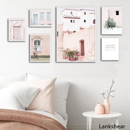 Pink Arabic Architecture Rural Landscape Poster Old House Bike Canvas Print Nature Wall Art Painting Nordic Decoration Picture