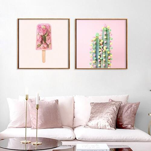 Pink Flower Ice Cream Color Marshmallow Cactus Canvas Painting Home Living Room Porch Background Wall Art Pictures Posters