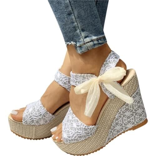 Women Fashion Summer Platform Wedge Sandal Ankle Strap Flower Lace-up Shoes Footwear Party High Heel Chaussures Zapatos De Mujer