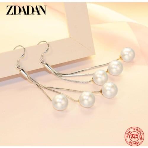 ZDADAN 925 Sterling Silver Long Tassel Pearl Dangle Earrings For Women Fashion Wedding Party Jewelry Gift
