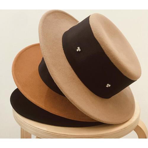 Top Quality Women Wool Felt Hat Yellow Black Flat Fedora Hat Panama Hat Lady Wide Brim Porkpie Hat Simple Rhinestone Band Accent