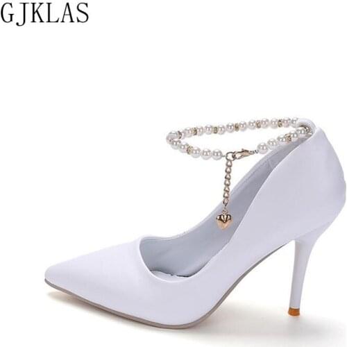 Fashion High Heels Wedding Shoes Bride Pearl Pointed Toe Slip Dress Shoes Women White Pink Heels Sexy Pumps High Heel Woman