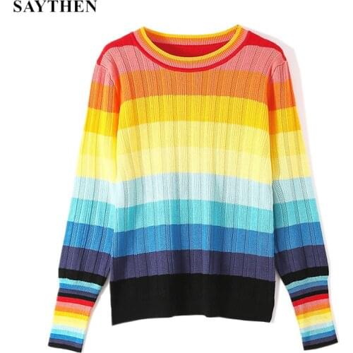 SAYTHEN New Style Contrast Color Striped Long-Sleeved Knitted Sweater For Fall/Winter Round Neck Pullover Blouse Top