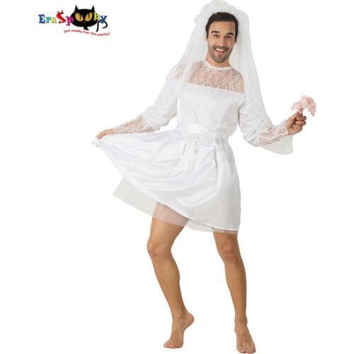 Eraspooky Funny Bride Costume Men Halloween Costume Adults Sexy Wedding Dress Lace Veil Bridegroom Cosplay Carnival Party Outfit