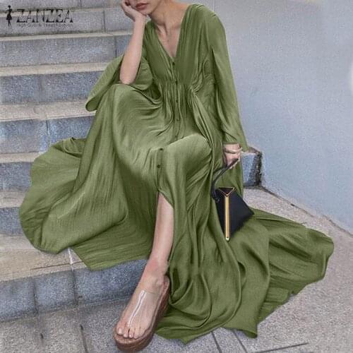 ZANZEA Women Spring Sundress 2021 Elegant V neck Long Sleeve Solid Long Shirt Dress Female Vestidos Casual Femme Robe Oversized