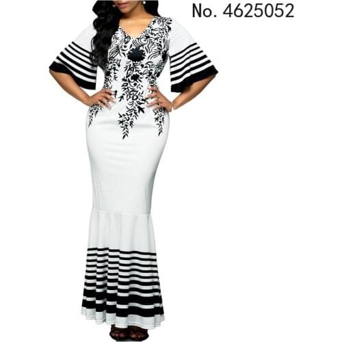 Long Dress Women printed Stitching Long High Waist Short Sleeves V-Neck Plus Size 5XL fishtail Womens Dress