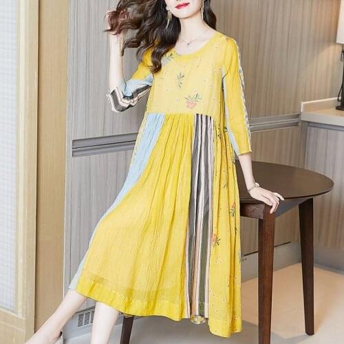 2021 Summer Loose Waist Ladies Dresses Print Women Vintage Vestidos Elegantes Patchwork Middle Aged Mother Dress