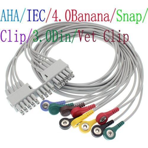 Compatible Mortara ELI 100 150C 230I 250C 280 350 Patient ECG EKG Holter 10-lead Cable,Din 3.0/Banana 4.0/clip/snap leadwire