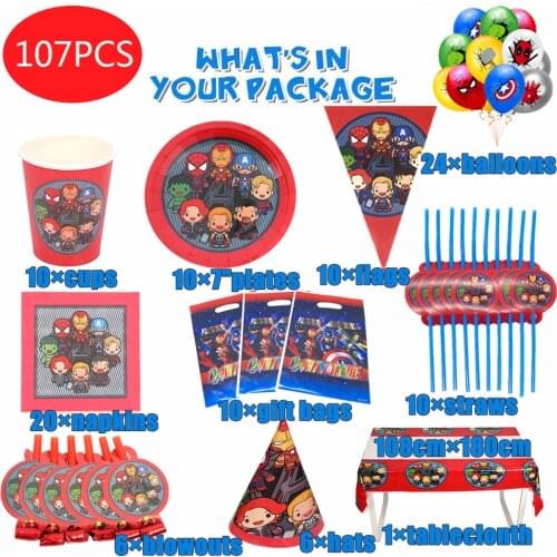 107Pcs/Set Cartoon Superhero Theme Party Disposable Tableware Set Paper Cup Plate Balloon Kids Birthday Party Decorations Supply