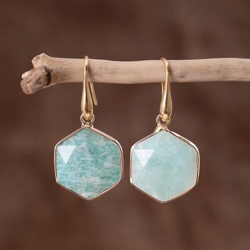 Amazonite Hexagon Star Dangled Hook Earrings Natural Pink Stones