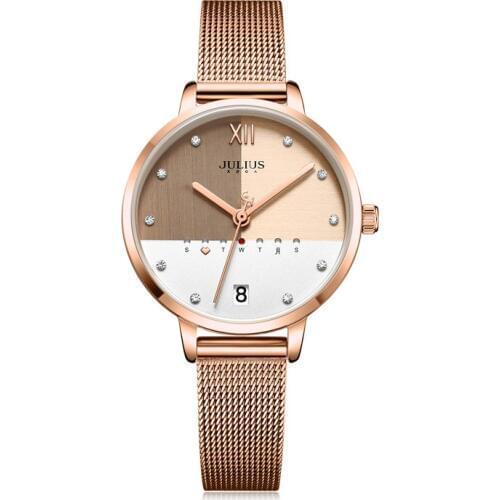 Julius Watch Stainless Steel Mesh Band Elegant Womens Business Watch With Calendar Day Rose Gold Multi Color Dial Clock JA-1100