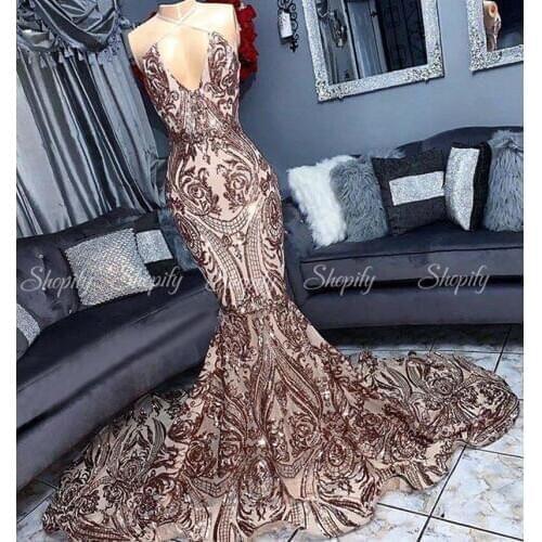 Long Sparkly Rose Gold Prom Dresses 2020 Halter Sexy Mermaid African Women Gala Party Prom Gowns