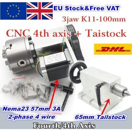 [EU Delivery] K11-100mm Rotation 4th Axis 3 Jaw Chuck Nema23 57mm 3A 2-phase 4 wire+65mm Tailstock for CNC Router