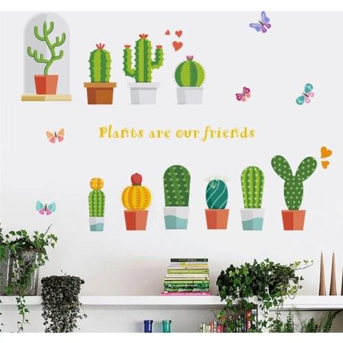 Cactus Flowerpot Butterfly Wall Stickers Living Room Bedroom Home Decorations PVC Pastoral Mural Art Diy Plant Wall Decals