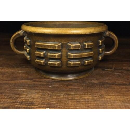 6"Chinese temple collection Old Bronze Cinnabar Lacquer Binaural incense burner Ornaments Town House Exorcism