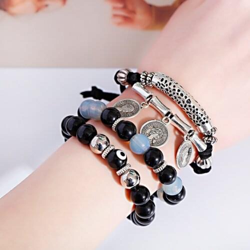 Set Bracelet Couples Distance Black White Natural Stone Bamboo Shape Beaded Yoga Bracelets for Men Women Elastic Rope Jewelry