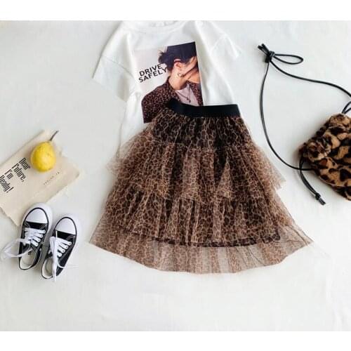 2021 Korea style girls 2 pcs set t-shirt+leopard skirt soft fashion summer girls suit 4-9t A988