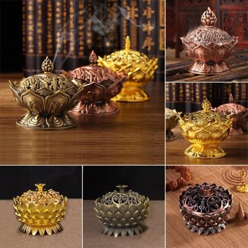 Lotus Flower Incense Burner Alloy Zinc-Copper Dish Chinese Buddha Incense Holder Sandalwood Censer Household Crafts Decoration