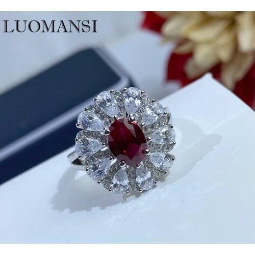 Luomansi Natural Ruby Flower Shaped Silver Ring 100-S925 Jewelry Anniversary Birthday Party Woman Gift