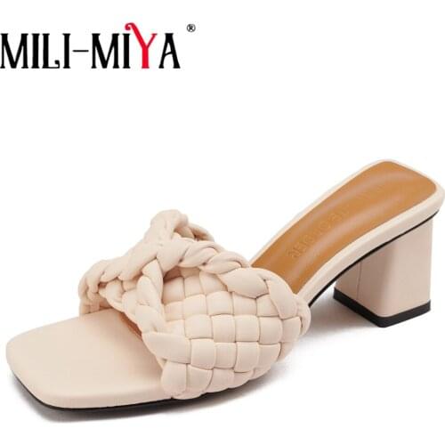 MILI-MIYA New Cross Woven Thick High Heels Women Slipper Attractive Square Peep Toe Summer Sandals Party Dress Shoes Size 34-40