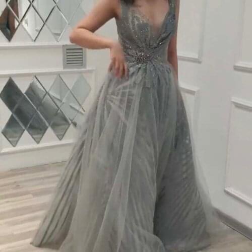 Fashion Plunging V Neck Bling Bling Glitter Fabric Sleeveless Low V Back Prom Dresses