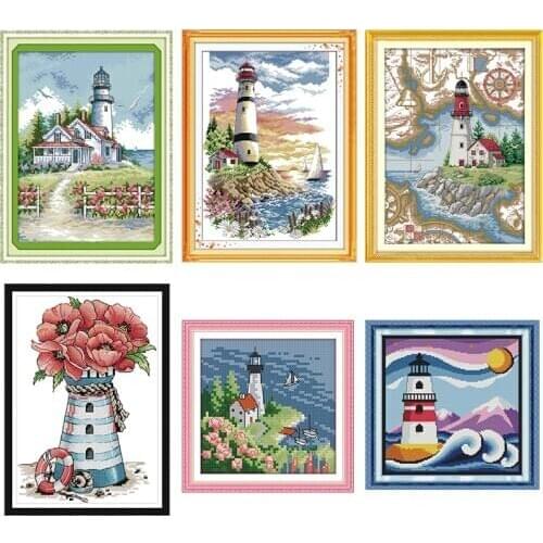 Seaside Lighthouse Painting Cross Stitch Kit 14CT 11CT Counting Print Canvas Cross Stitch DIY Pattern Embroidery Kit Needlework