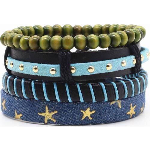 Fashion Denim fabric Weave Vintage Punk Cuff Trendy Five Point Star Anchor Charm Male Men Leather Women Bracelets Female Jewelry