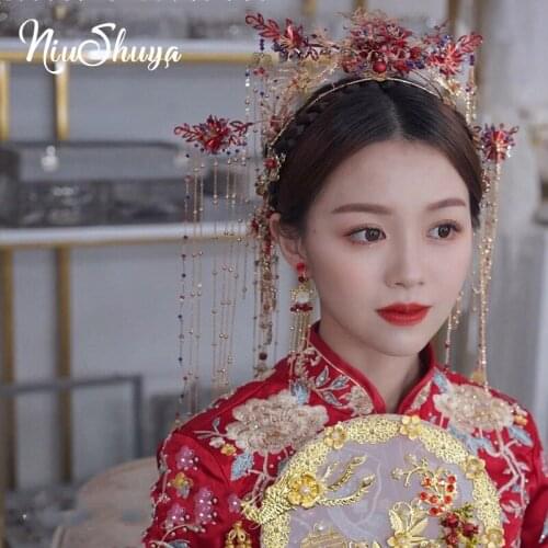 NiuShuya Chinese Classical Hair Accessories Set Flower Hair Crown Headdress Red Bridal Head Jewelry Traditional Headpiece