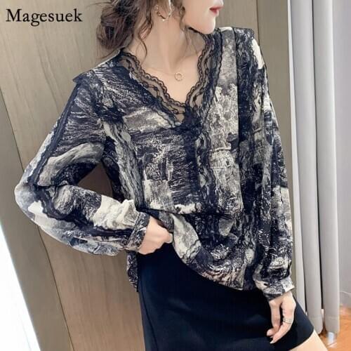 New Fashion Sexy Lace Vintage Women Blouses Casual Plus Size Long Sleeve Shirts Women V Neck Print Office Laies Tops Mujer 12285