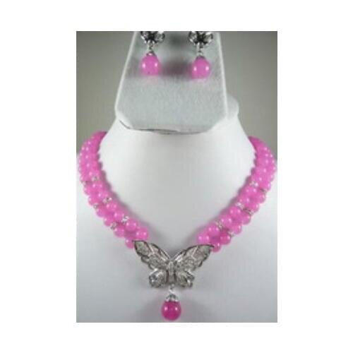 African beads jewelry set Charming! 2Rows Pink Chalcedony Necklace Earring Set Quartz Fine Bridal wide women queen