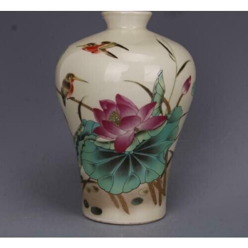 Old China qing tongzhi marked famille rose lotus flower bird pattern vase 6.4"