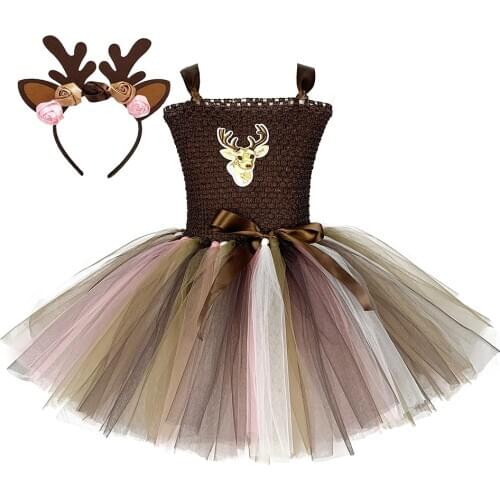 1-12 Years Brown Deer Tutu Dress for Girls Christmas Costume Kids Reindeer Princess Dresses Knee-length Xmas Childrens Clothes
