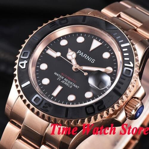 Parnis 41mm Miyota 8215 5ATM automatic mens watch gold case black dial sapphire glass luminous ceramic bezel