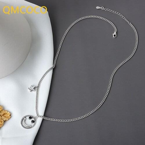 QMCOCO Simple Vintage 925 Silver Smile Face Pendant Necklace For Women Men Couple Simple Birthday Party Necklace Accessories